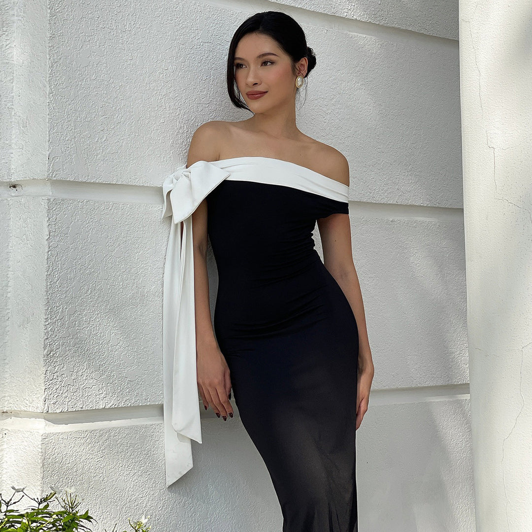 Damen Langarm Abendkleid mit schulterfreiem Design und raffinierten Schleifendetails R&B