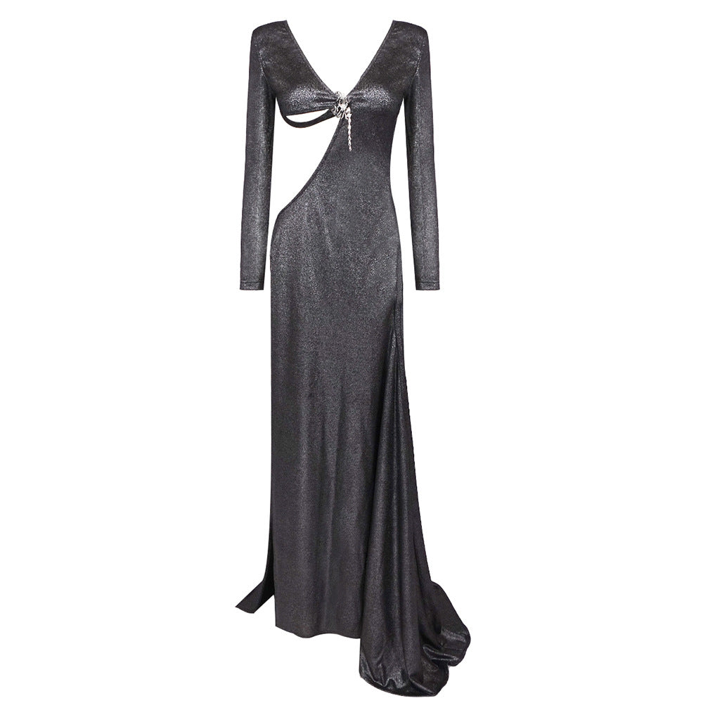Damen Glamouröses Abendkleid mit tiefem V-Ausschnitt und seitlichem Schlitz R&B