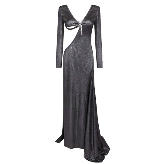 Damen Glamouröses Abendkleid mit tiefem V-Ausschnitt und seitlichem Schlitz R&B