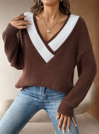 Damen oversized V-Pullover mit strukturiertem Rippstrickdesign R&B