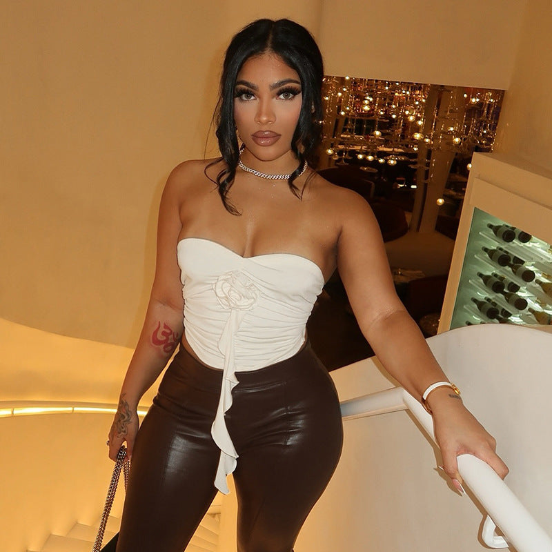 Damen bügelfreies Bustier-Oberteil mit dekorativer Raffung und Blütenapplikation R&B