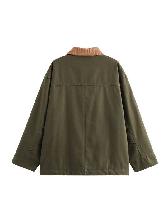 Damen lässige Übergangsjacke mit cordartigem Kragen und praktischen Taschen R&B