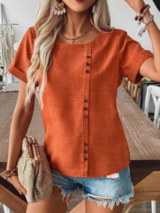 Damen Kurzarmbluse mit dekorativen Knopfdetails und modernem Schnitt Heidi-Mode