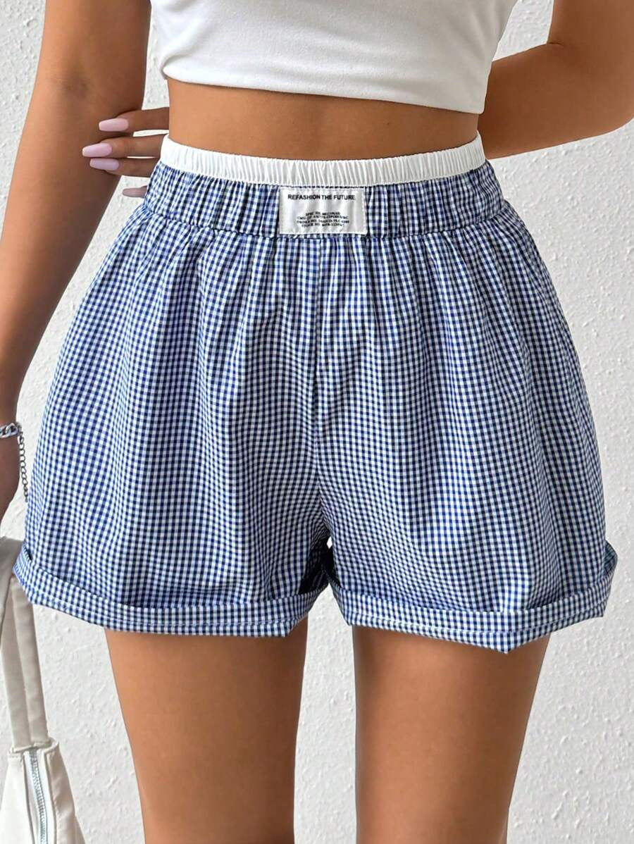 Damen lässige Vichy-Karo Shorts mit elastischem Bund R&B