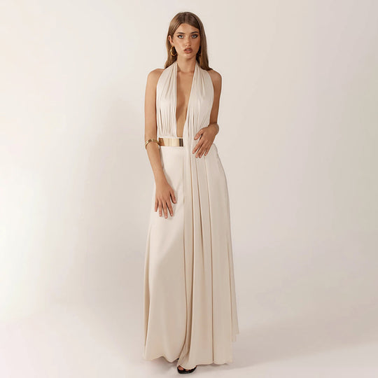 Damen Elegantes Maxikleid mit tiefem V-Ausschnitt und dekorativem Gürtel R&B