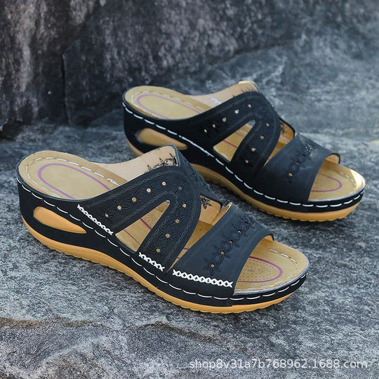 Damen bequeme Sandalen mit ergonomischer Fußbett und modischem Blumenmuster R&B