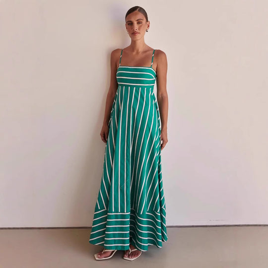 Damen Langarm Maxikleid mit elegantem Streifenmuster und fließendem Schnitt R&B