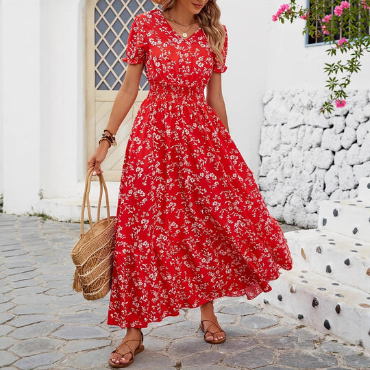 Damen Maxikleid mit V-Ausschnitt und gefertigtem Gummizug R&B