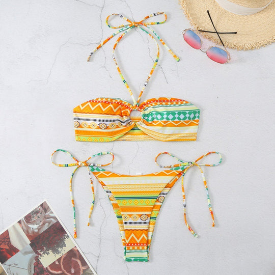 Damen Bandeau-Bikini mit verstellbaren Bindebändern und farbenfrohem Muster R&B