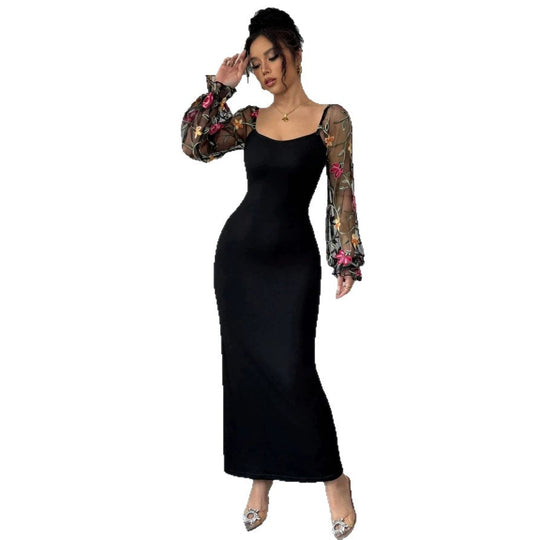 Damen Elegantes Maxikleid mit floralen Spitzenärmeln und figurbetontem Schnitt R&B