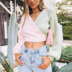Damen Eleganter V-Ausschnitt Pullover mit farblich abgesetzten Ärmeln und strukturierter Oberfläche R&B
