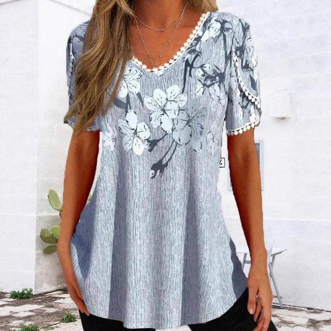 Damen nan legeres V-Ausschnitt-Tunikashirt mit floralem Muster und Pomponbesatz R&B