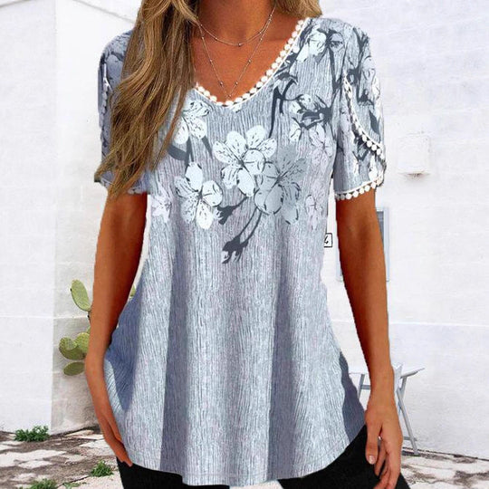 Damen nan legeres V-Ausschnitt-Tunikashirt mit floralem Muster und Pomponbesatz R&B