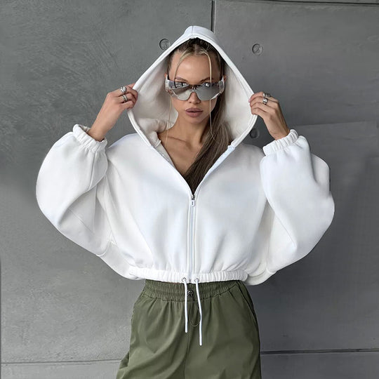 Damen Sportlicher Cropped Hoodie mit Reißverschluss und Kordelzug R&B