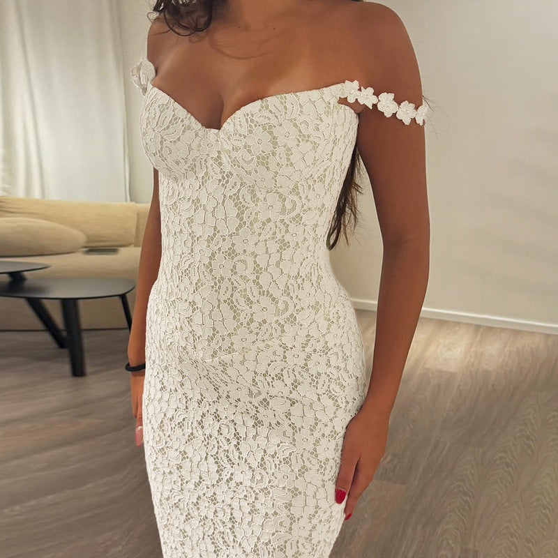 Damen elegantes Maxikleid mit Spitze und verführerischem Herzausschnitt R&B