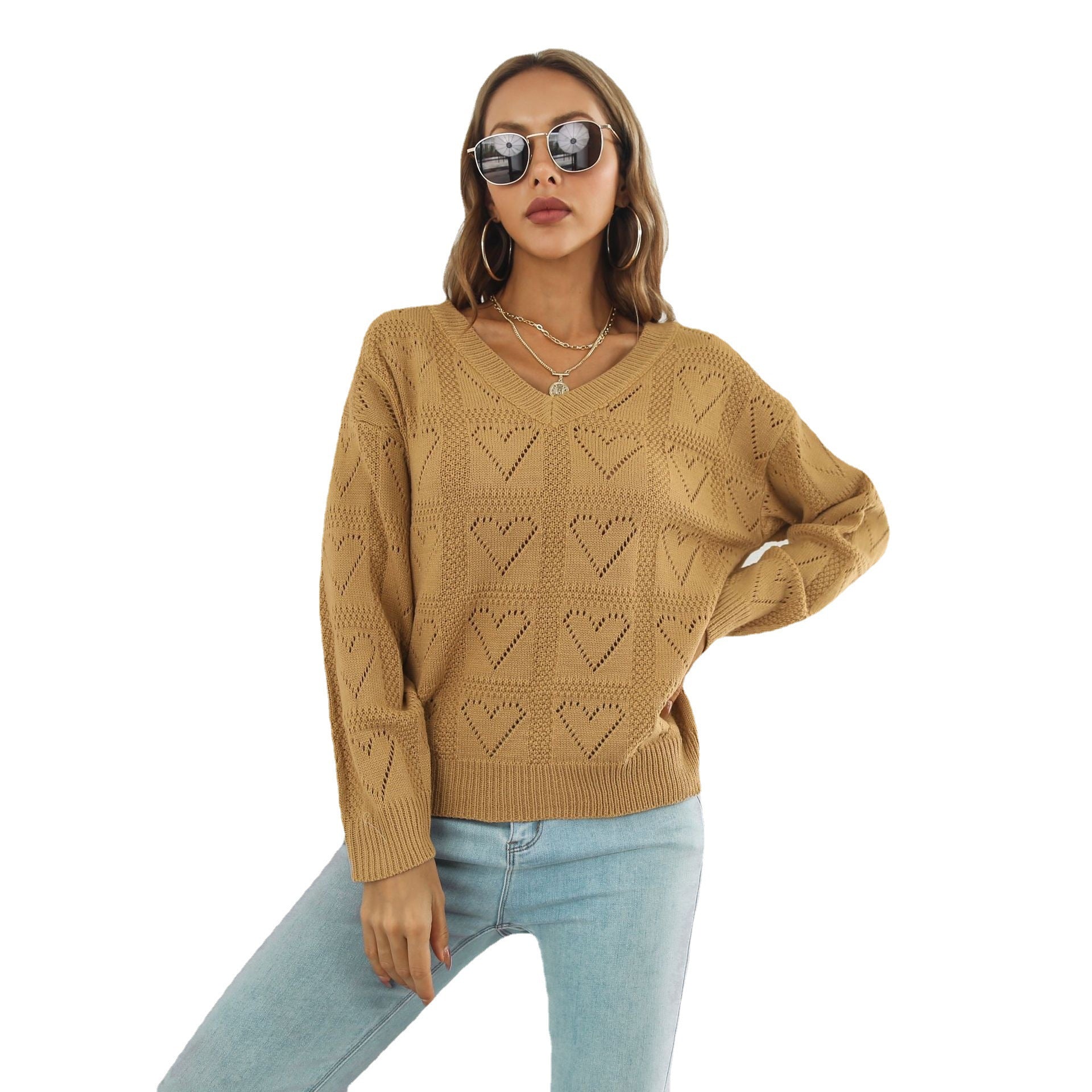 Damen Strickpullover mit Herzmuster und V-Ausschnitt R&B