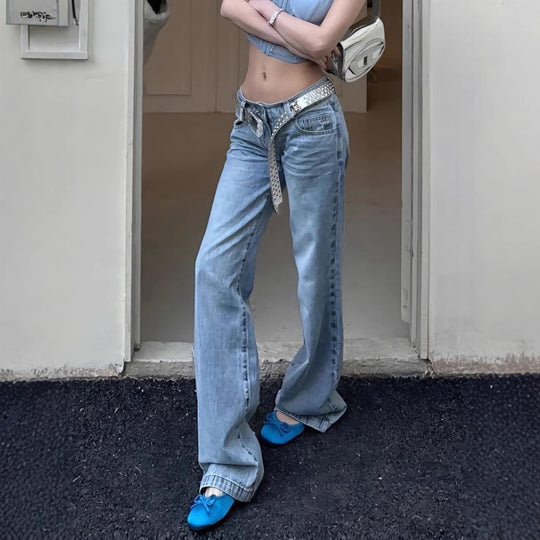 Damen Weit geschnittene Jeans mit hohem Bund und trendy Gürtel R&B