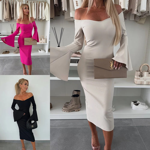 Damen Figurbetontes Wickelkleid mit schulterfreiem Design und weit geschnittenen Ärmeln R&B