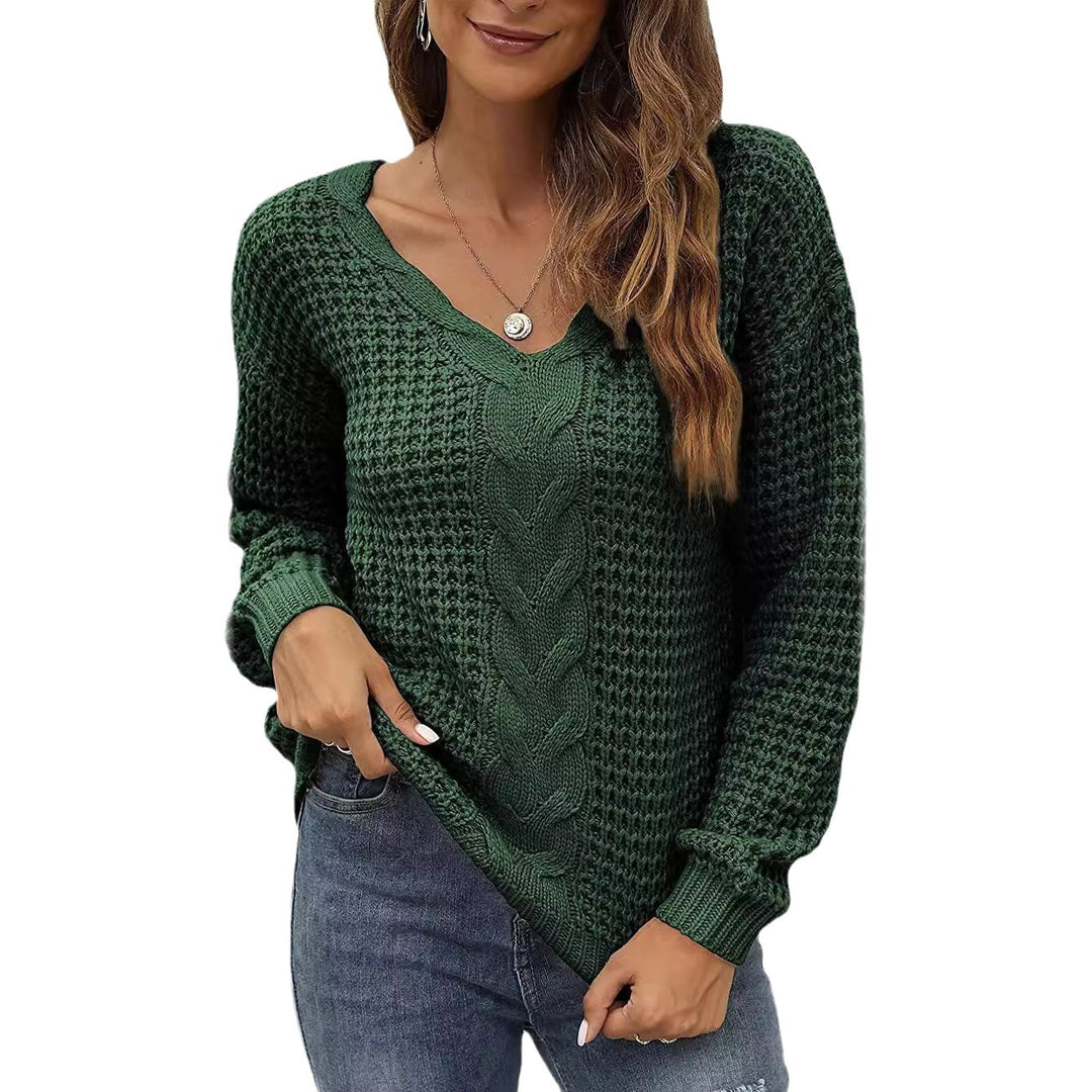Damen lässiger Strickpullover mit tiefem V-Ausschnitt und detailliertem Zopfmuster R&B