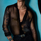 Damen nan semi-transparente Langarm-Chiffonbluse mit Hemdkragen und breiten Manschetten R&B