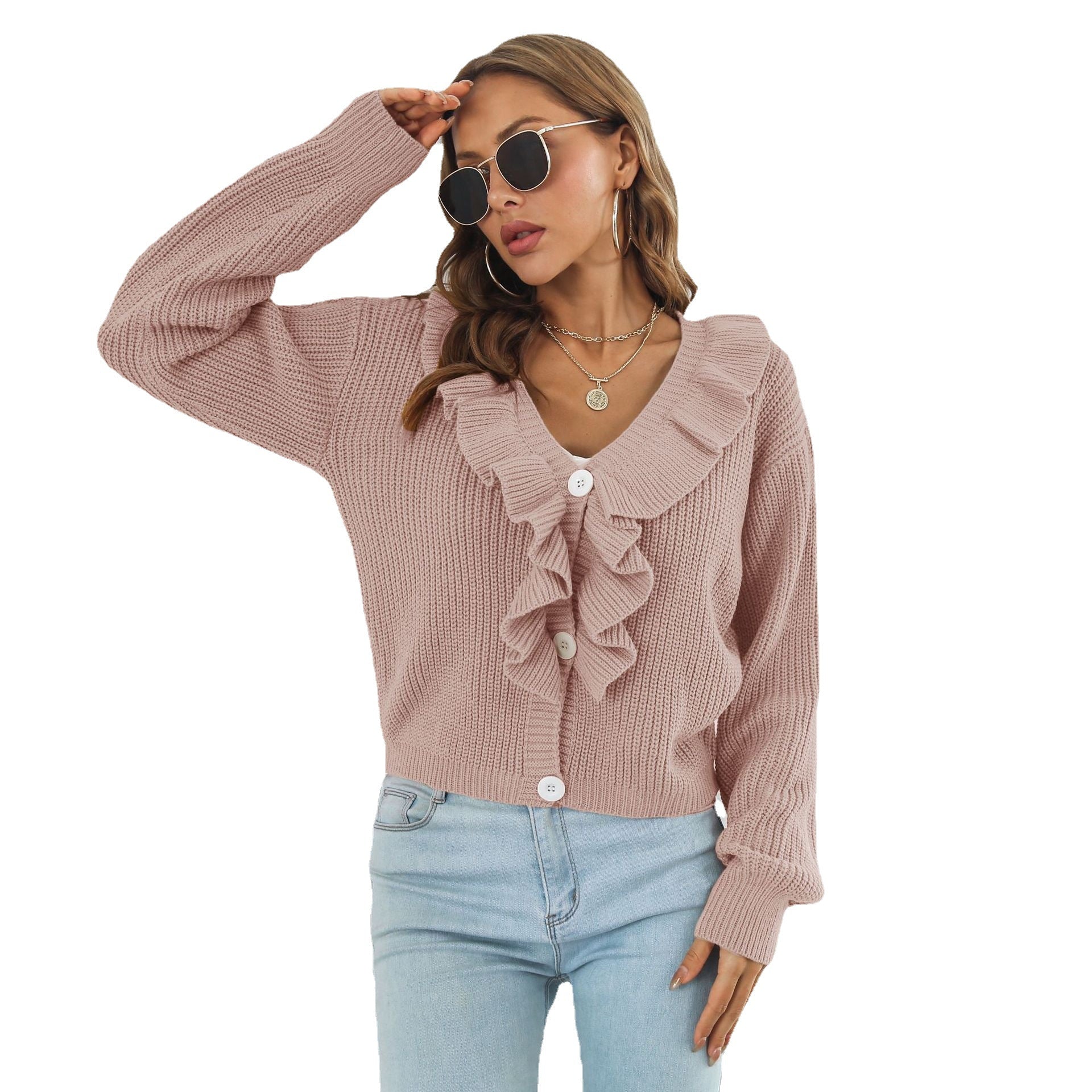 Damen Strickjacke mit Rüschendetails und knöpfbarem Frontverschluss R&B