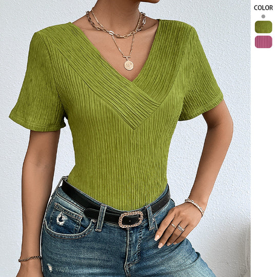 Damen lässiges V-Ausschnitt Shirt mit fließendem Design und kurzen Ärmeln R&B