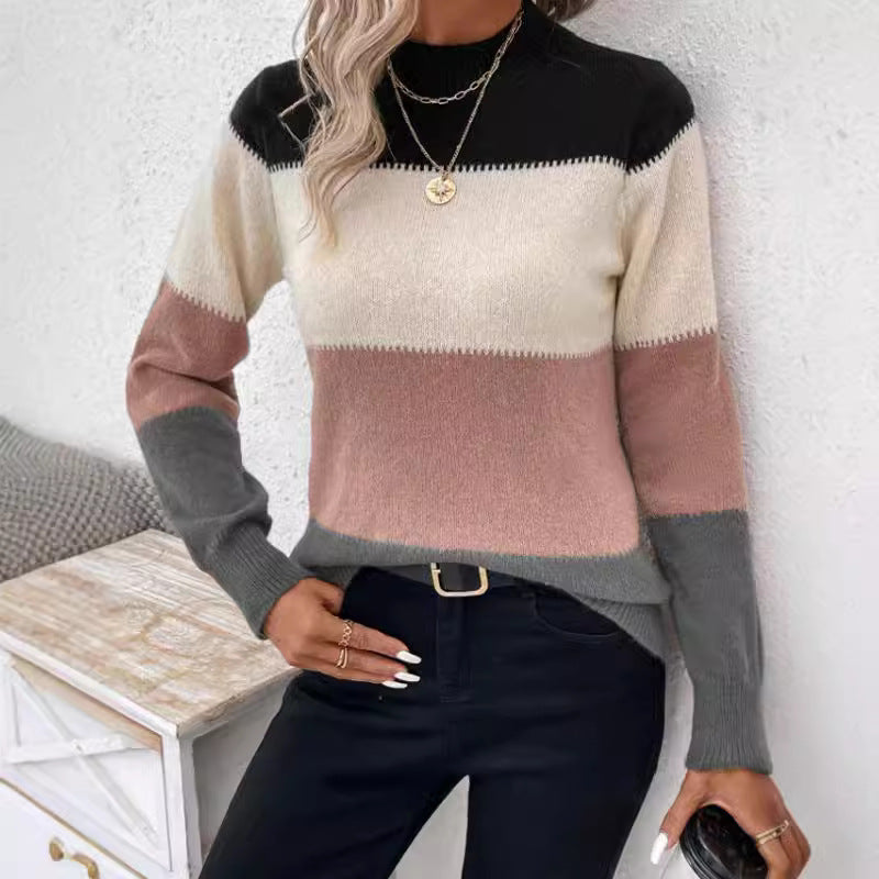 Damen modischer Strickpullover mit trendigem Blockstreifen und steigendem Kragen R&B