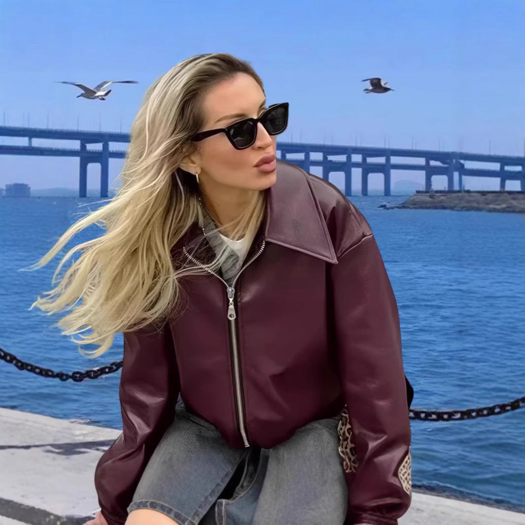 Damen moderne Bikerjacke mit glänzendem Kunstleder R&B