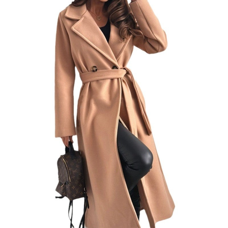 Damen eleganter taillierter Trenchcoat mit geschlossenem Kragen und Gürtel R&B