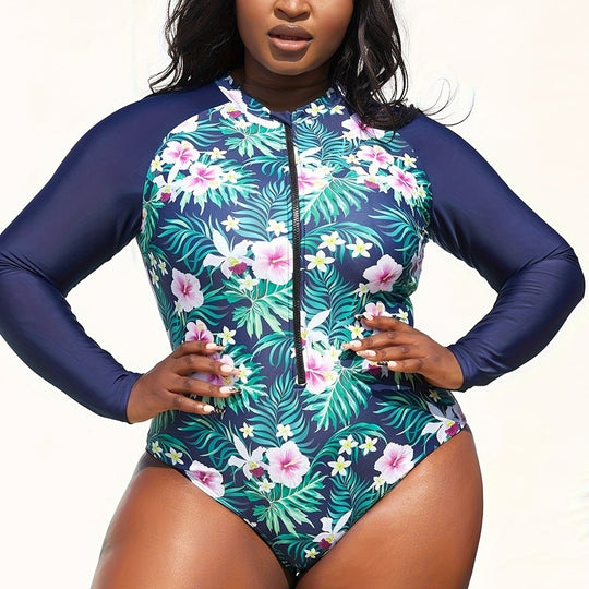 Damen Sportlicher Langarm-Schwimmanzug mit floralem Design R&B