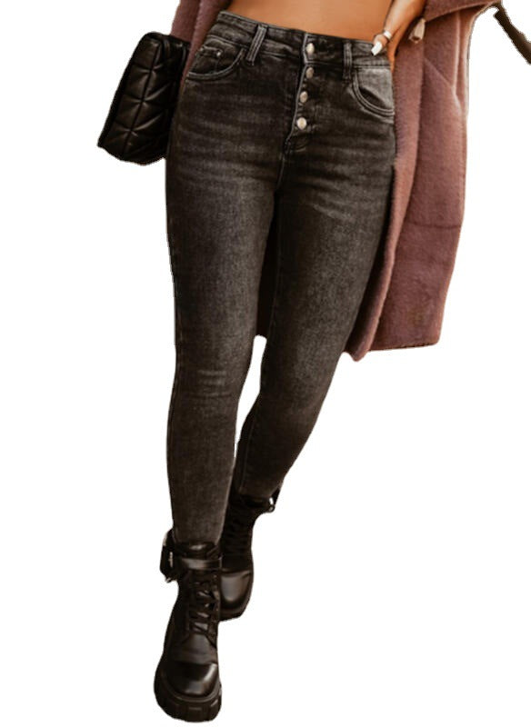Damen figurbetonte Jeans mit hoher Taille und klassischem Knopfverschluss R&B