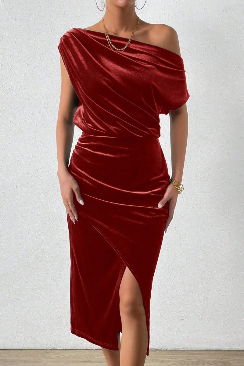 Damen Elegantes Schulterfreies Midikleid im Fließenden Design R&B