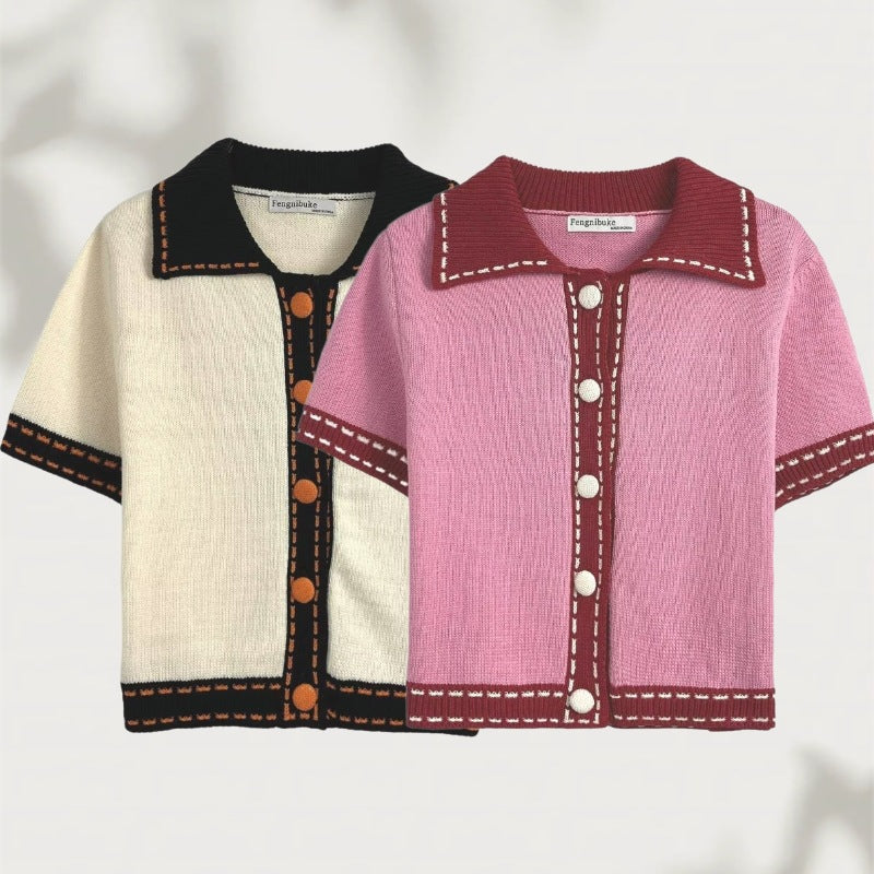 Damen Kurzarmpullover mit kontrastierenden Details R&B