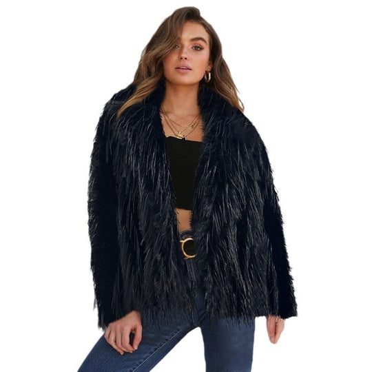 Damen Eleganter Kunstfellblazer mit breitem Kragen R&B