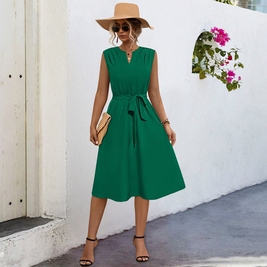 Damen Midi-Kleid mit elegantem Taillengürtel und modischem Faltenrock R&B