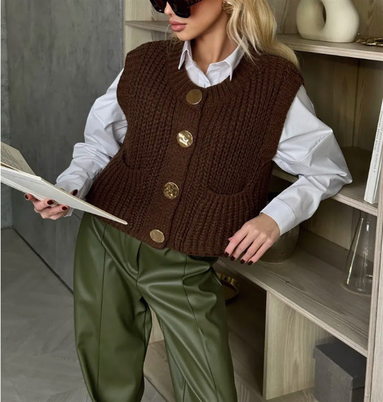 Damen Strickweste mit eleganten Knöpfen und praktischen Taschen R&B