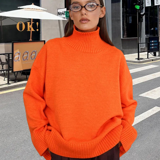 Damen Strickpullover mit hohem Kragen und weitem Schnitt R&B