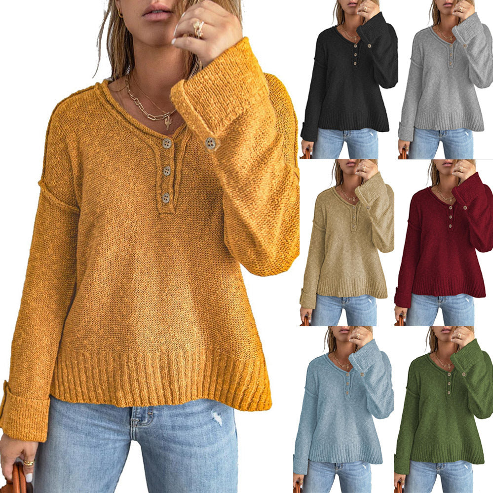 Damen Grober Strickpullover mit Knopfleiste und weitem Schnitt R&B