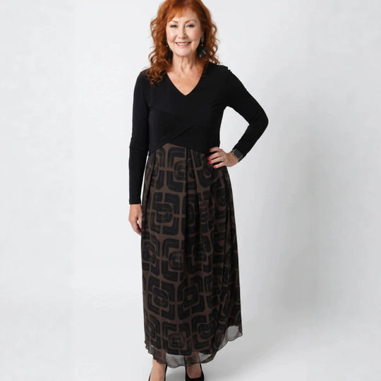 Damen nan V-Ausschnitt Maxikleid mit tailliertem Wickeloberteil und transparentem gemustertem Overlayrock R&B