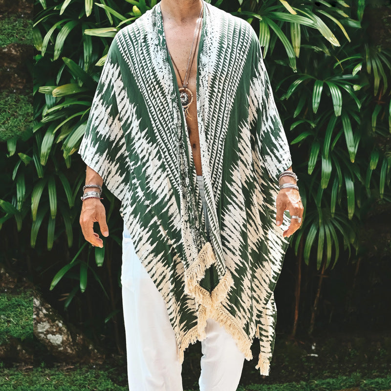Herren nan leichter Strandponcho im Kimono-Stil mit Fransen R&B