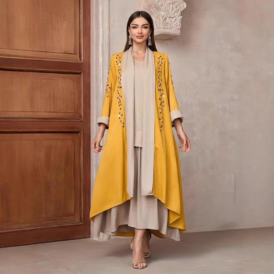 Damen Langarm-Kimono mit dekorativen Applikationen und asymmetrischem Saum R&B