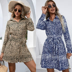 Damen Hemdblusenkleid mit Bindegürtel und modischem Leopardenmuster