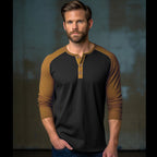 Herren Langarm-Henley-Shirt mit kontrastierenden Ärmel und modischem Knopfdesign