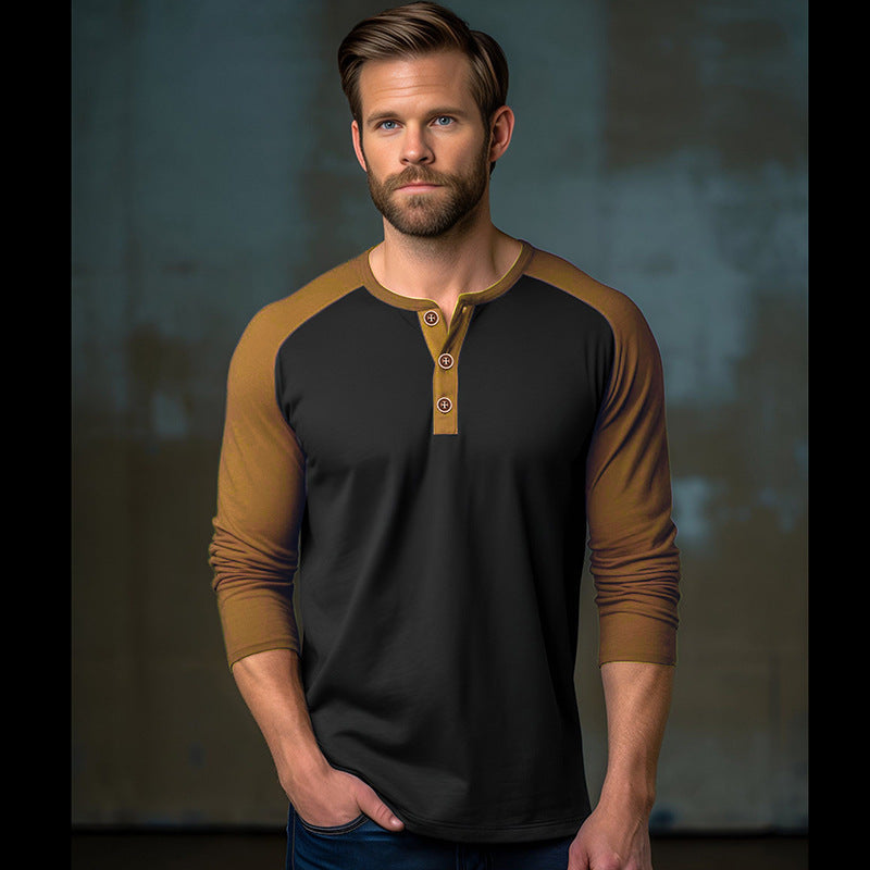 Herren Langarm-Henley-Shirt mit kontrastierenden Ärmel und modischem Knopfdesign