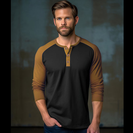 Herren Langarm-Henley-Shirt mit kontrastierenden Ärmel und modischem Knopfdesign R&B