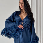Damen Satin Kimono mit Federn R&B