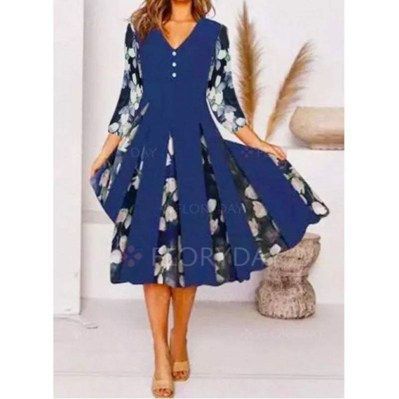 Damen V-Ausschnitt Midi-Kleid mit fließendem Rock und floralem Ärmeldesign R&B