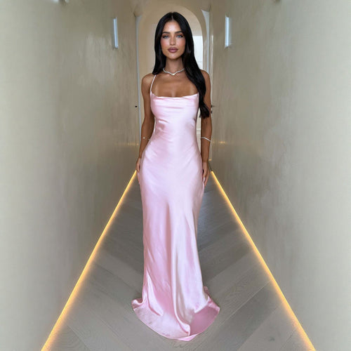 Damen Elegantes Satinabendkleid mit spaghettiträgern und fließendem Schnitt R&B