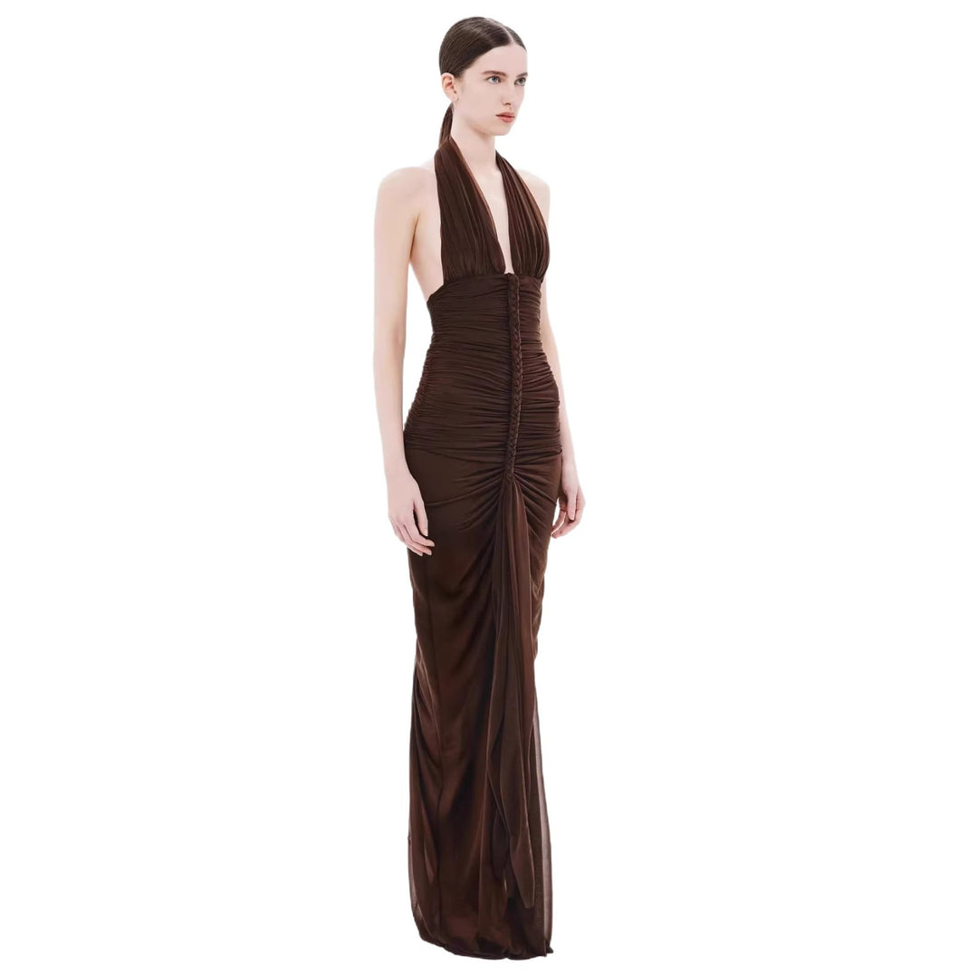 Damen Exquisites gerafftes Maxikleid mit tiefem V-Ausschnitt und eleganten Drapierungen R&B