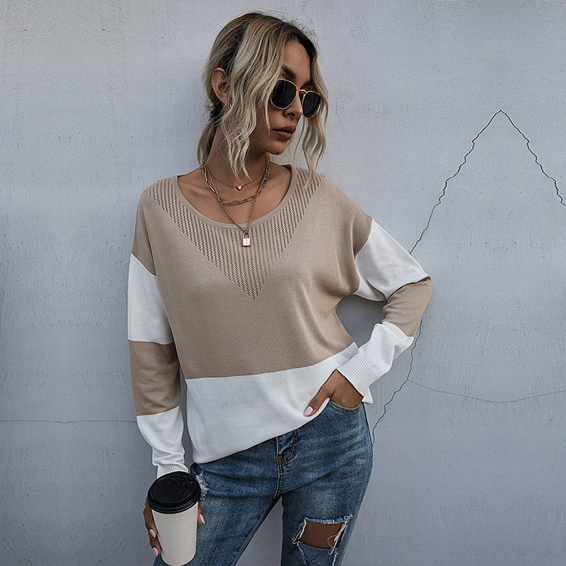 Damen lässiger V-Pullover mit modischem Netzdesign R&B